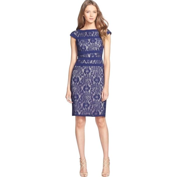 Adrianna Papell Dresses & Skirts - Adrianna Papell Navy Lace Sheath Dress, NWT $118 Cap Sleeves Women's Size 6P